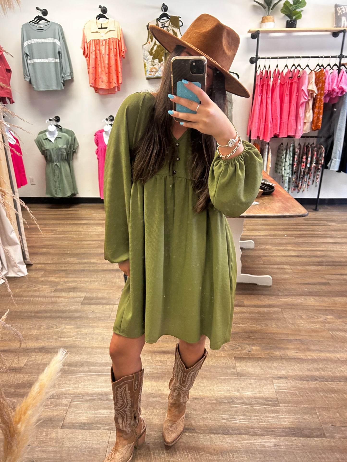 Green Bubble Sleeve Dress