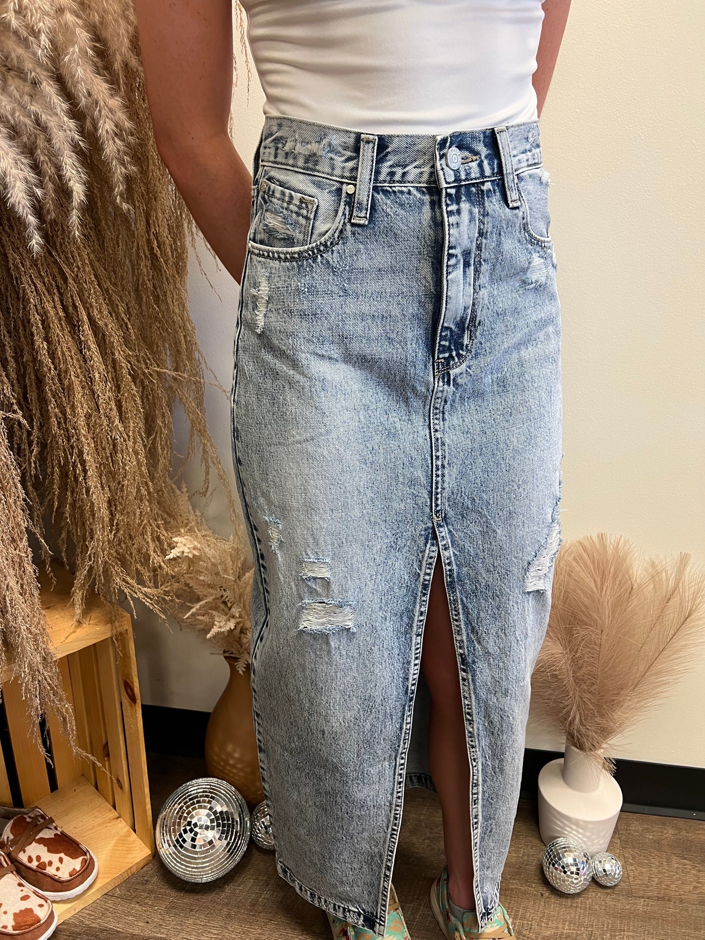 Front Slit Denim Skirt